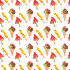 A seamless pattern featuring colorful ice cream cones with watermelon and various fruity flavors. This vibrant design captures the essence of summer fun, bringing a joyful and playful atmosphere to