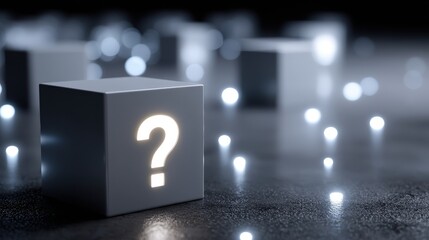 Glowing question mark on a white cube among many others in a dark setting with small lights reflecting on a sleek surface. Abstract concept of uncertainty and choices.