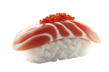 Salmon nigiri sushi with bright red roe, isolated on white transparent background, concept of traditional Japanese cuisine