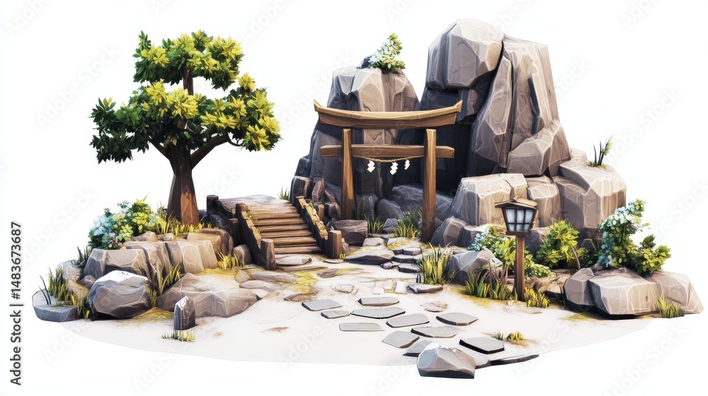 Poster digital rendering of a serene mountain landscape with a torii gate.