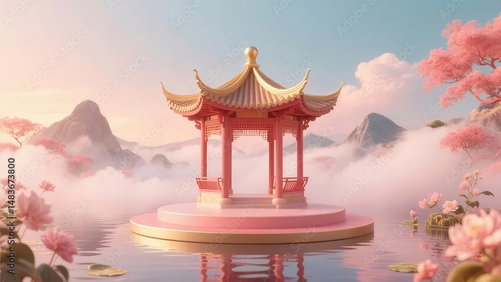 Poster ピンクのパビリオンと桜の木がある穏やかな湖の風景 日本の伝統的な建築と背景の山々の風景
