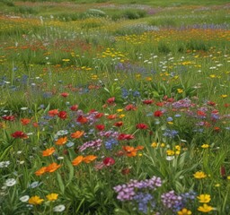 Fototapeta premium Lush green meadow dotted with colorful wildflowers in full bloom, summer, nature