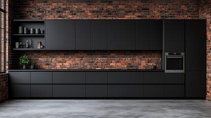 Modern Minimalist Kitchen with Sleek Black Cabinets and Exposed Brick Wall, Contemporary Interior Design Concept.