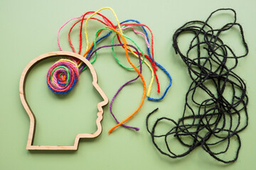 Colorful threads in the head. Overcoming negative thoughts and mental clarity.