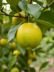Lemon on the tree blurred of nature background, plant Sour taste fruit lime green vegetable