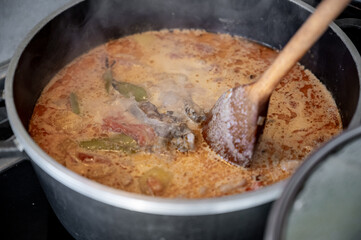Top-down view of a pot filled with hearty soup, such as bograch or a creamy cheese-based soup. A wooden spoon rests over the pot, filled with steaming broth.