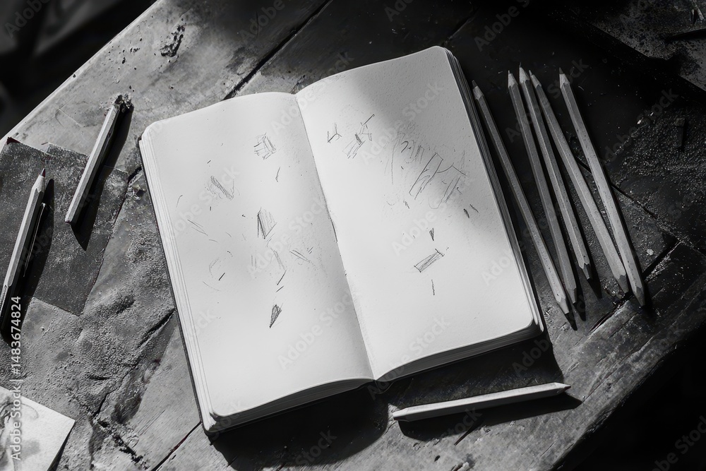 Poster overhead view of blank notebook with graphite pencils on an old sketch desk