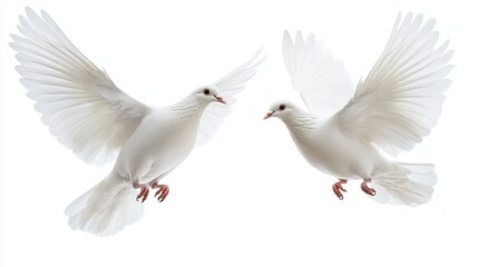 Fototapeta premium Pair of Free-Flying White Doves Gracefully Soaring Against a Pure White Backdrop
