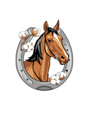 Horse head in a frame shaped like a horseshoe with blooming cotton flowers