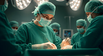 Female surgeon in green scrubs and mask is performing intricate surgery in modern operating room, with bright surgical lights illuminating the focused team and advanced medical equipment in background