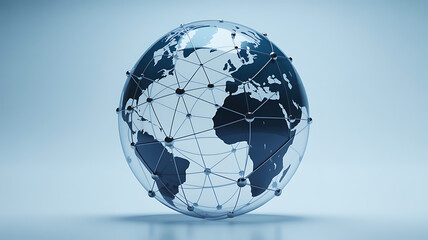 Global Network Connection Glass Globe with Metallic Nodes Representing Worldwide Communication and Data Transfer