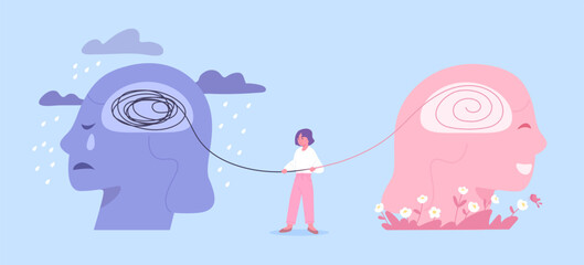 Woman working on her mental health by clearing and managing her thinking. Concept of Positive thinking and attitude, Optimistic mindset, self acceptance, Mental well-being. Flat vector illustration.