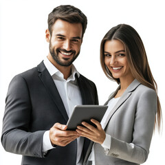 Colleagues using tablet in business office, formal wear man and woman, isolated on transparent PNG background

