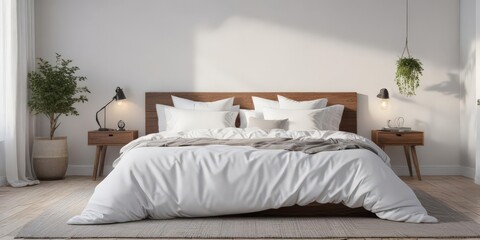 Crisp white bedding, king-size bed, Scandinavian minimalist room, minimal, decor, white sheets