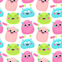 Seamless pattern with cute fluffy monsters, children's print.