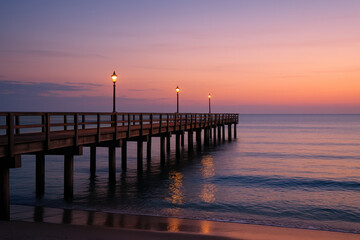 Obraz premium Sunset silhouettes a solitary figure walking on a pier.