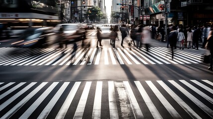 Busy city street crosswalk with blurred motion.