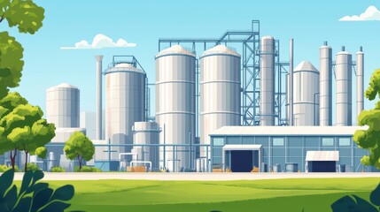 Fototapeta premium Exterior View of Agro-Processing Facility Featuring Silver Silos for Drying and Storing Grains and Cereals in Agricultural Production