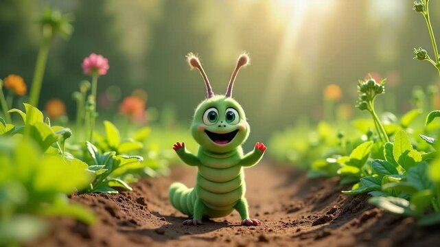 Cute green caterpillar smiling happily in a garden 