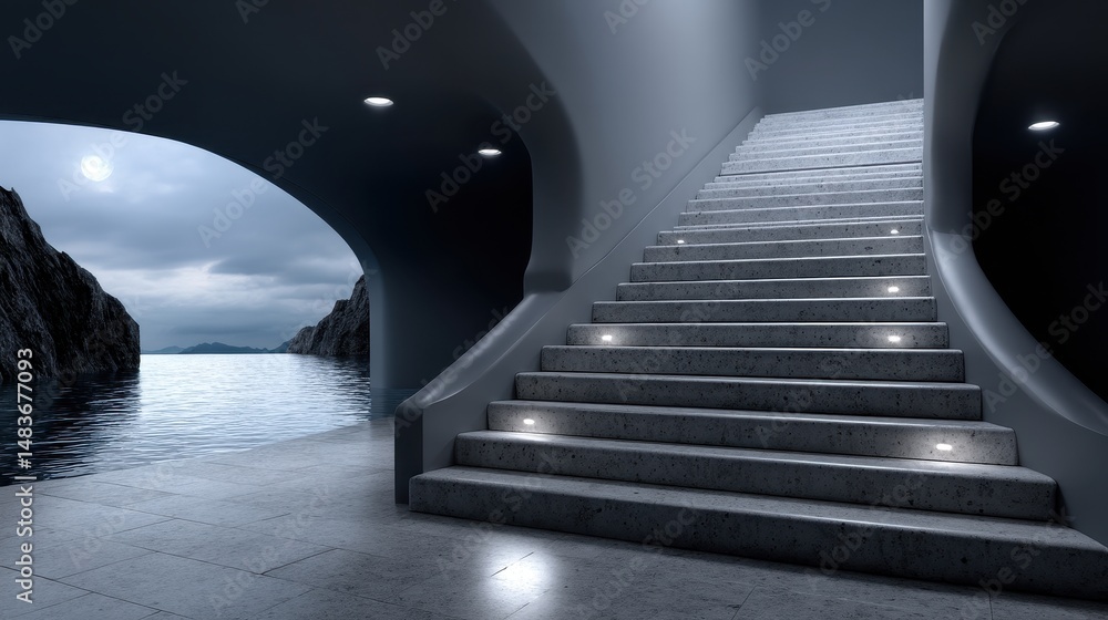 Poster modern architecture, grey stone staircase descending towards a moonlit ocean view through an arched 