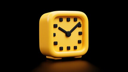 Yellow plastic 3d alarm clock icon with black face and yellow hands on dark background image