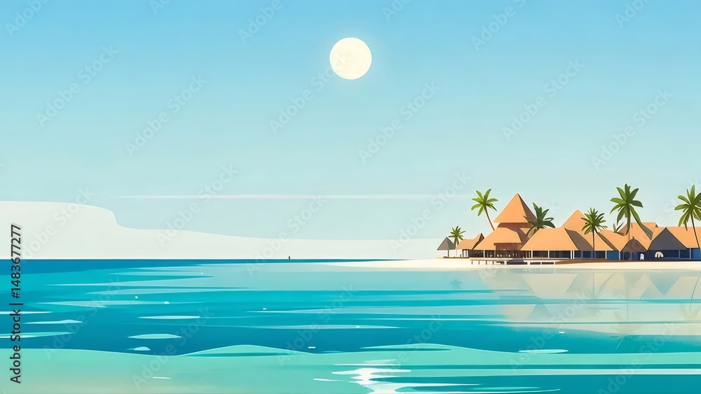 Poster ピクセルアートの穏やかなターコイズブルーの海と白い砂浜の島 コテージとヤシの木のある熱帯の楽園と青空