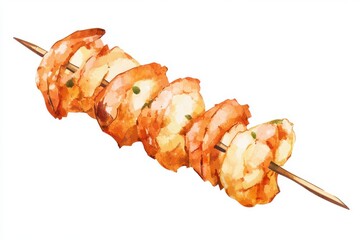 Shrimp skewer isolated on white background for culinary projects, menus, and food blogs.