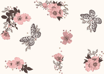 Pattern of roses and butterflies in vintage style for packaging, fabric, wallpaper
