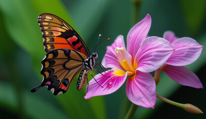 Naklejka premium Butterfly in a Serene Mood Resting on a Pink Flower Against a Lush Green Background