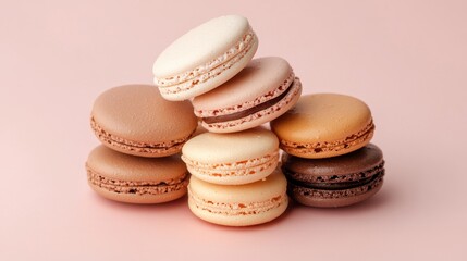 Obraz premium A delectable stack of pastel colored macarons on a pink background. Soft lighting enhances the delicate texture and colors.