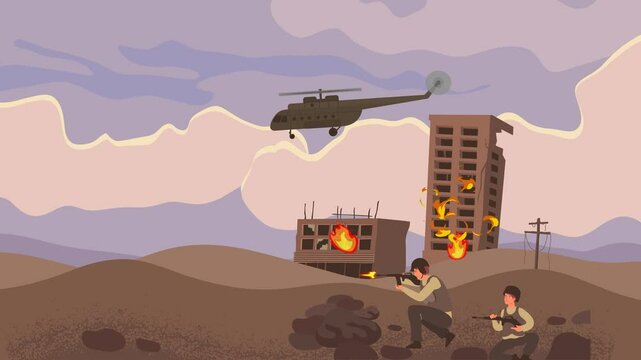 Military Battle Scene with Gunfire and Fire Animated Combat Zone