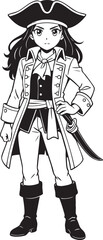 bold female pirate captain in manga style fantasy outfit with boots and long hair line art illustration

