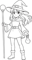 cute young witch in manga style holding a magical staff for fantasy coloring book illustration

