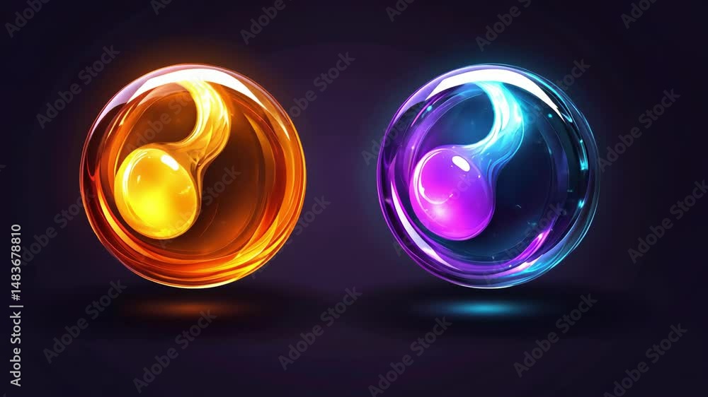 Poster illuminated spheres with abstract interior forms on a dark background with particles, studio shot
