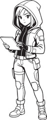 manga style mysterious hooded girl reading a book in modern fantasy outfit line art for coloring pages


