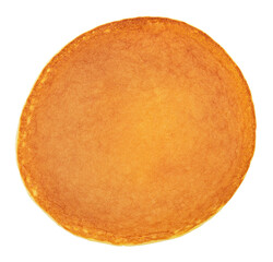 Single tasty pancake isolated on a white background, top view.