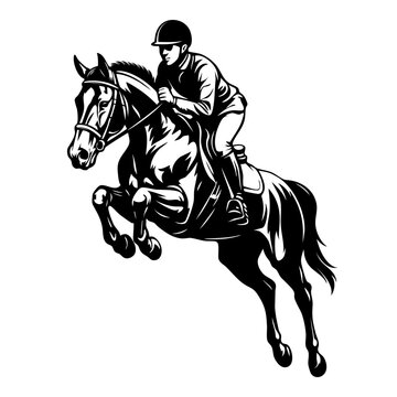 Equestrian rider jumping horse in black and white engraving style