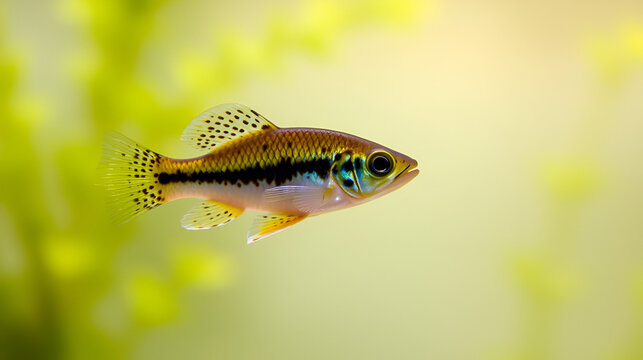 Dwarf rasbora, Rasbora maculata Freshwater fish in the nature aquarium, is often as often referred as Boraras maculatus. Animal aquascaping photography with a focus gradient and soft background.
