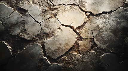 Fototapeta premium Cracked Earth: A dramatic view of cracked earth, showcasing the stark texture, intricate patterns, and weathered appearance of the parched land, with a focus on texture and environment.