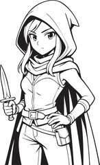 female assassin in hood with dagger manga style fantasy stealth character line art illustration

