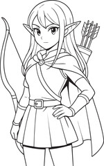 anime style girl archer with bow and quiver wearing cloak fantasy black and white line art

