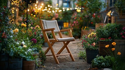 Garden chair amidst vibrant flowers, lights twinkle above
