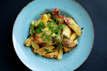 Oven-baked potatoes, chicken legs, bell peppers, tomatoes and greens on a beautiful blue plate on a black background. A delicious and beautiful dish.