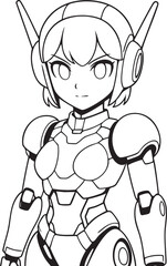 robotic anime girl with mechanical armor and short hair, manga style line art vector black and white  for coloring book 