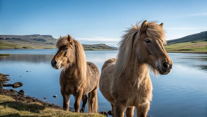 two Icelandic horses on the shore of a lake. Snow brown Iceland pony or equestrian in farm over cold mountains. highland nature beauty Generative AI.