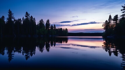 Calm lake reflecting trees at dusk.
