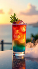 A vibrant summer cocktail with swirling colors, with fresh herbs and citrus slices, on a polished bar counter. The ocean view in the background