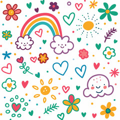 Whimsical floral and rainbow pattern