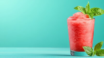 Close up of a refreshing red watermelon granita in a glass, garnished with fresh mint, set against a teal background.