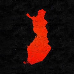 Finland red map on isolated black textured background. High quality coloured map of Finland.